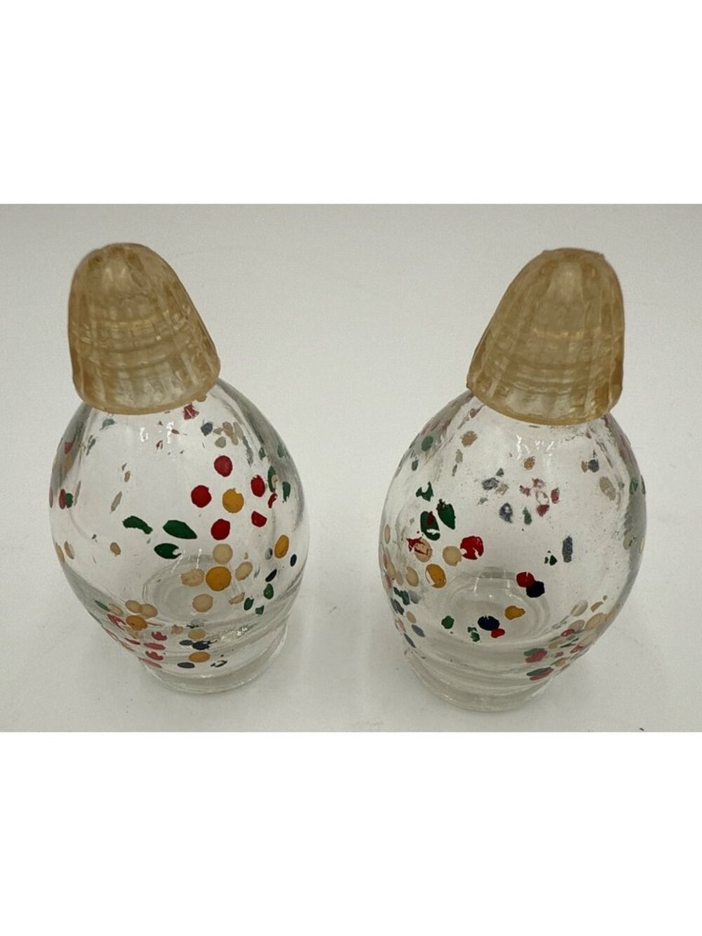 Vintage Hand-Painted Glass Salt & Pepper Shakers With Clear Ribbed Plastic Tops